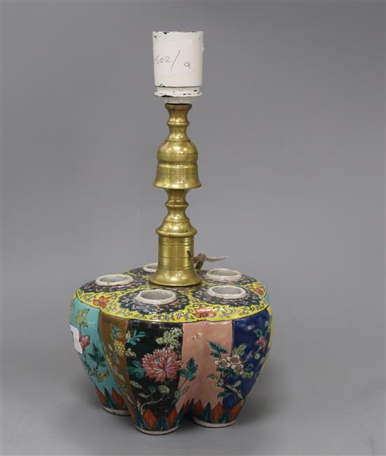 A 19th century Chinese famille rose bulb vase converted to a lamp